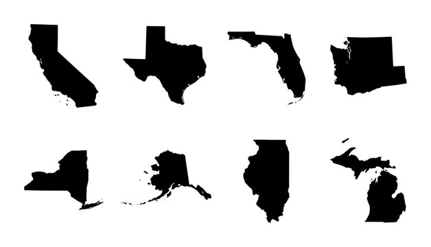 US state silhouettes set with California, Texas, Florida, Washington, New York, Alaska, Illinois, Michigan for geography and travel logo