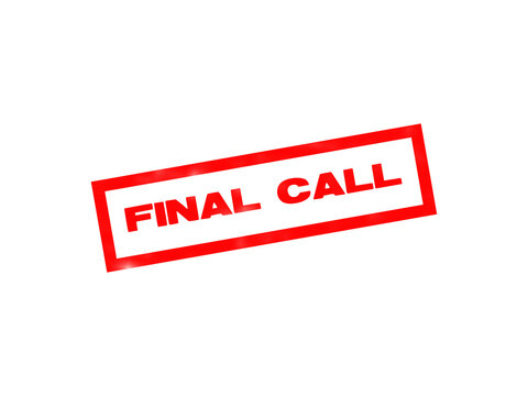 A rectangular red rubber stamp impression with the words final call written in capital letters, angled on a plain black background surface isolated on a transparent background