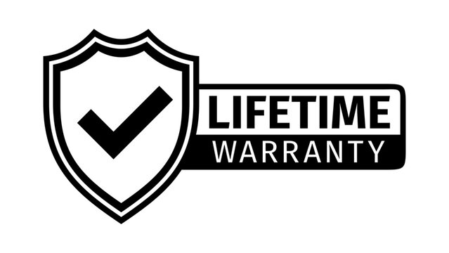 Lifetime warranty shield badge label icon. Certified guarantee checkmark stamp, product security sign, approved quality assurance emblem, service reliability symbol, trust retail mark, warranty banner