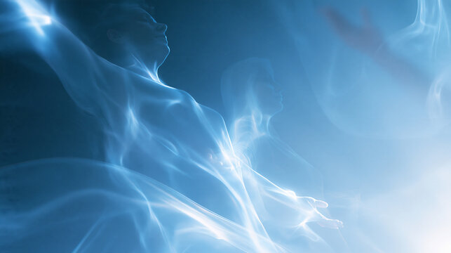 Ascension of the soul, translucent ghostly figures of a man and woman rising toward heaven, immortality, meditation and afterlife concept, with copy space