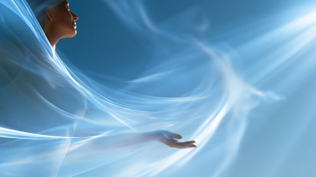 Ascension of the soul, translucent ghostly figures of a man and woman rising toward heaven, immortality, meditation and afterlife concept, with copy space