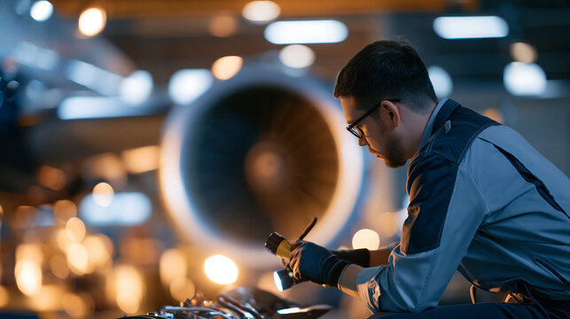 Faceless aircraft maintenance mechanic inspecting a plane engine with a flashlight in a hangar, defocused hangar background, with copy space