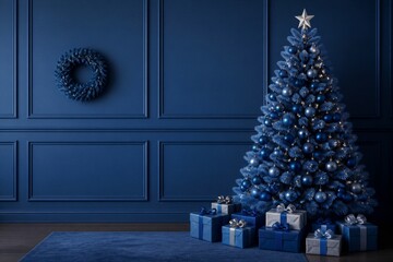 Fototapeta premium Blue decorated christmas tree with wrapped presents in room