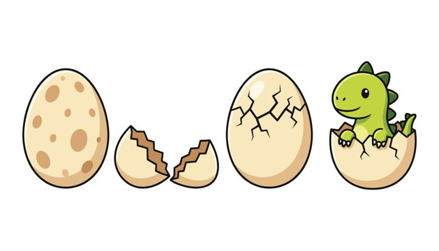 Cute cartoon dinosaur hatching from egg vector illustration set. Spotted egg, cracked eggshell, newborn baby dino, reptile birth sequence and prehistoric animal character.