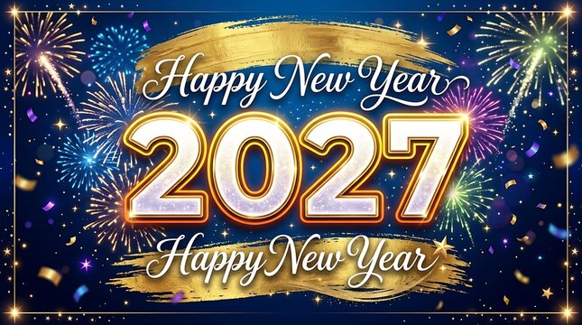 Celebratory new year 2027 display with golden text and vibrant fireworks background