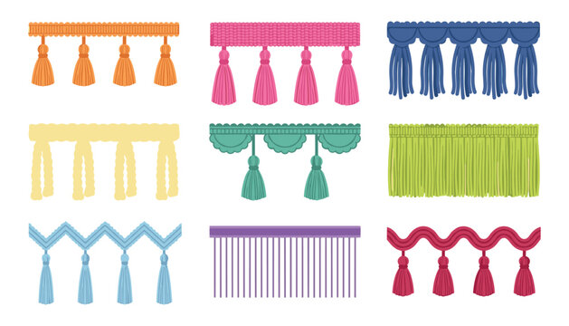 Decorative textile trim tassel and fringe border vector set. Colorful sewing ribbons, valance edgings, curtain trimmings, upholstery cords and home decor elements.