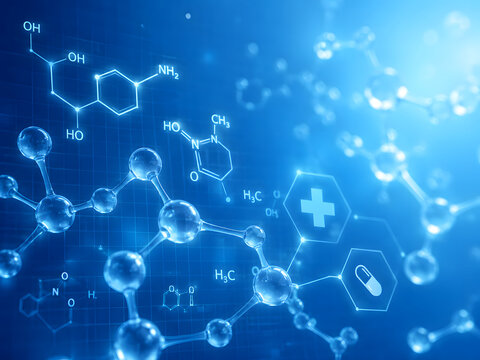 Chemistry and Medical Abstract Blue Background with 3D Molecular Design