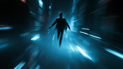 Fototapeta premium Faceless man floating in a dream world in the dark, surreal night atmosphere, with copy space