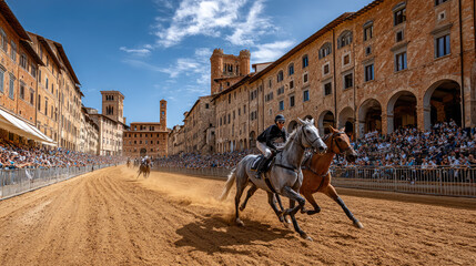 Obraz premium Horses and jockeys race fiercely on a dusty track in siena's historic city center, surrounded by an enthusiastic crowd watching this traditional italian competition