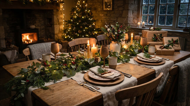 Cozy Rustic Christmas Dinner Table Setting with Glowing Fireplace and Decorated Tree in a Stone House