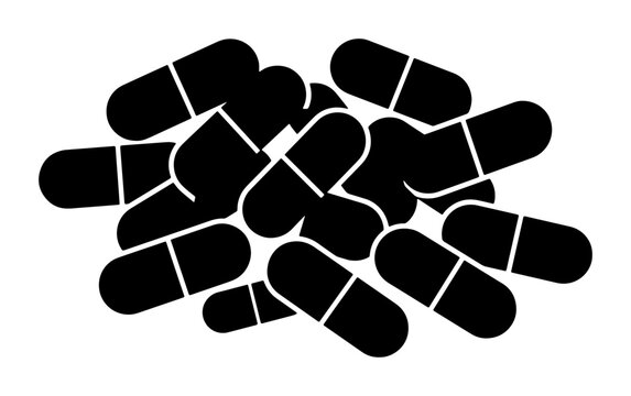 Pile of black medical capsules, solid icons for healthcare and pharmacy
