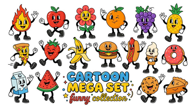 Retro cartoon characters mascot mega set, vintage food and fruit mascot collection, cute 1930s rubber hose style illustrations for stickers and branding