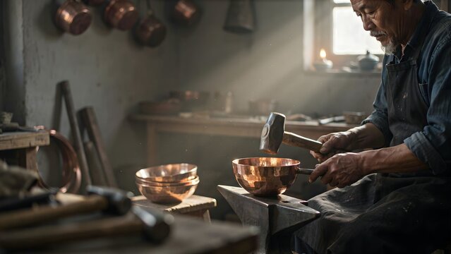 Skilled craftsman hammering copper bowl in traditional workshop with sunlight