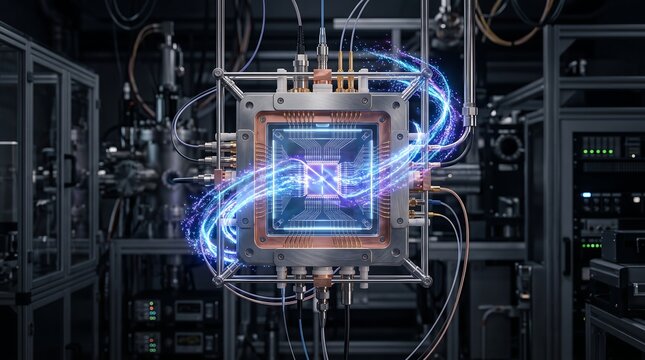 A high-tech quantum processor chip mounted in a laboratory frame with swirling blue light energy particles and intricate electronic connections