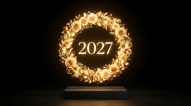 Elegant golden wreath with 2027 text on a dark reflective surface for new year