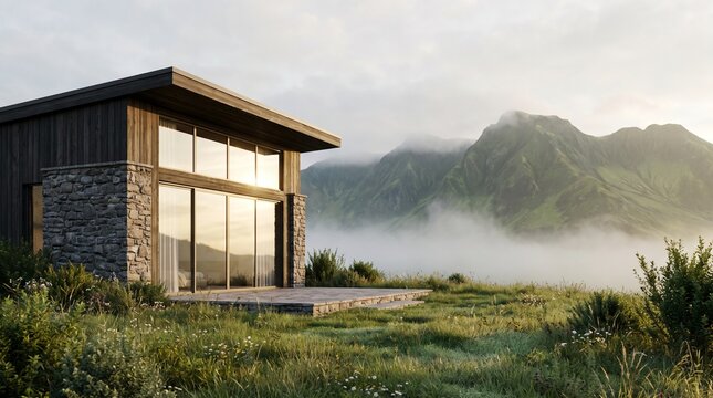 Modern glass cabin situated in a grassy field surrounded by dramatic misty mountains during early morning light.