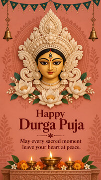 Traditional goddess durga portrait with lotus flowers hanging bells and glowing oil lamps celebrating durga puja and navratri spiritual festival blessings divine