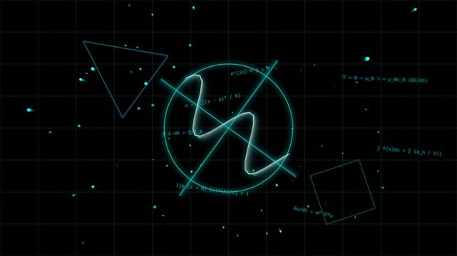 Abstract science concept video loop with geometric shapes and mathematical equations in a dark grid background.
