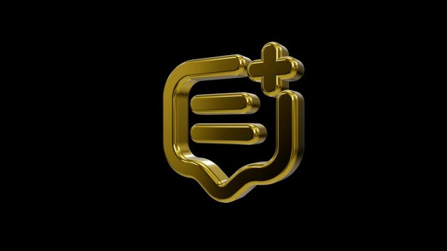 Shiny 3D metallic gold speech bubble with add plus icon