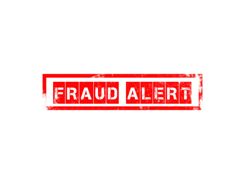 A red rectangular stamp with the words fraud alert written in a distressed stencil font, isolated on a solid black background, for security isolated on a transparent background