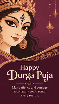 Graceful goddess durga illustration with decorative jewelry hanging diyas and maroon festive background for durga puja and navratri greeting card design elegant