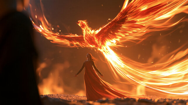 Faceless person watching a reborn phoenix rise from the ashes, concept of rebirth, transformation, hope and overcoming adversity, with copy space