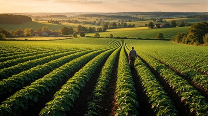 Naklejka na ściany i meble Farmer walks through green crop rows in large field at sunset. Rural agriculture land shows organic growth, farm production. Man inspects plant rows in countryside landscape during golden hour for