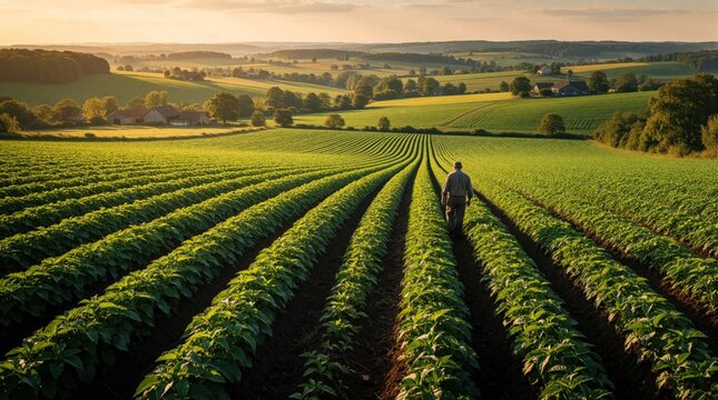 Farmer walks through green crop rows in large field at sunset. Rural agriculture land shows organic growth, farm production. Man inspects plant rows in countryside landscape during golden hour for