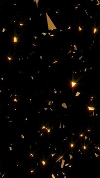 Vertical golden party streamers and paper flakes blast for award ceremony, realistic gold confetti falling animation, 3D confetti fired in the air during a party on black background, mobile version