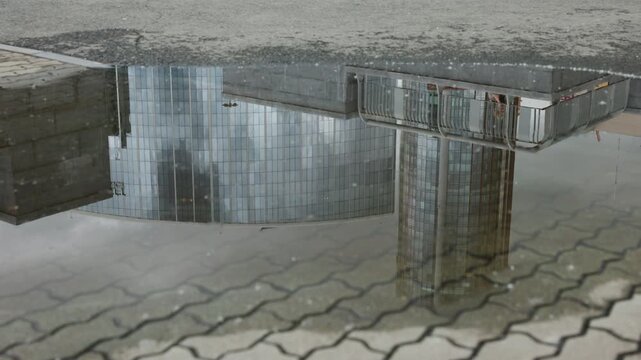 Low-angle puddle reflection of glass office tower and cylindrical building on wet patterned stone pavers overcast rainy street with concrete pedestrian railing