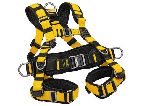 Yellow and black full body climbing harness isolated on transparent background