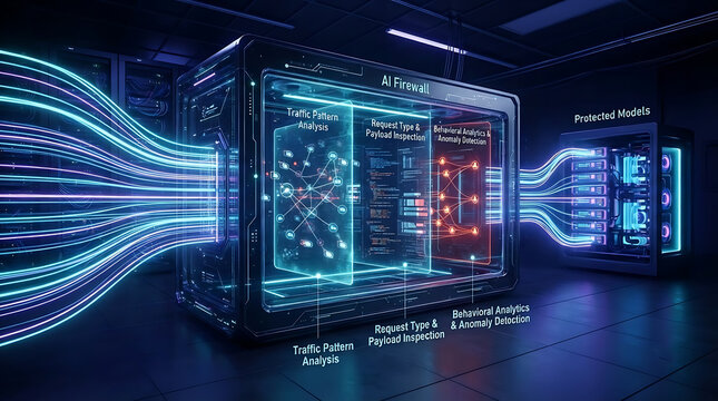 Enterprise AI firewall architecture inspecting model traffic, data sensitivity and suspicious requests before allowing controlled access to protected inference services