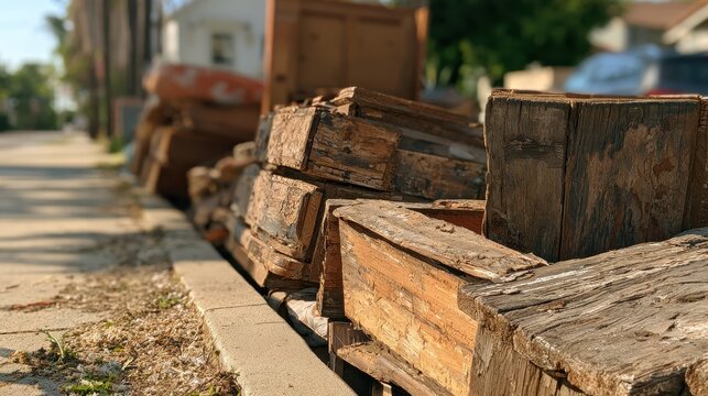 Weathered wooden furniture and an old bed lined up on the curb for bulk trash collection beside a suburban street