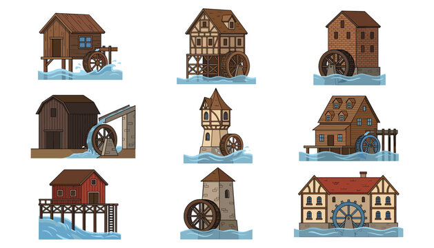 Medieval and rustic wooden watermill house vector illustration set. Traditional timber waterwheels, rural river mills, historical stone mills and eco energy elements.