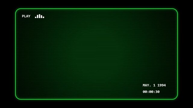 Vintage camcorder screen displays grainy green footage with timestamp and date.
