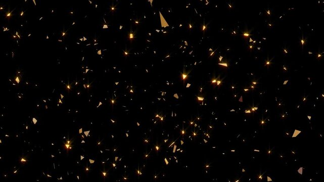 3D confetti fired in the air during a party, falling gold glitter foil confetti on black screen, colorful confetti bursts against a solid alpha channel, party popper explosion blast, 4K and UHD video