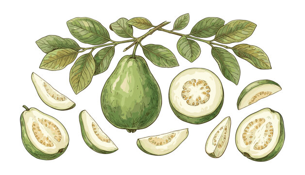 Vintage guava fruit sketch vector illustration set. Whole green guava, cross section half, slices, seeds, branch with leaves, botanical engraving art and organic tropical farm food.