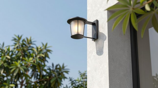 An elegant outdoor lantern mounted on a wall illuminates a modern home. Surrounded by lush greenery and a clear blue sky, it creates a serene ambiance.