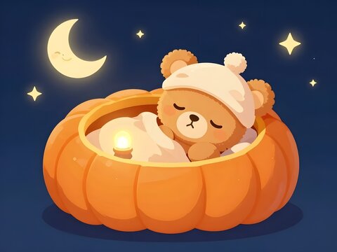 Cute 3D vector illustration of a fluffy teddy bear sleeping inside a cozy pumpkin bed at night. Whimsical autumn nursery background with a smiling crescent moon and stars.