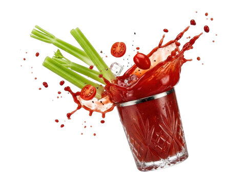 Refreshing bloody mary cocktail with celery stalks and tomato splash on white background