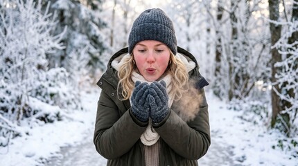Fototapeta premium Young Woman Blowing Warm Breath in Snowy Winter Forest Wearing Beanie and Scarf
