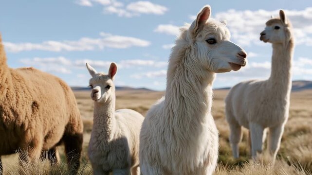 Herd of alpacas standing together in an open grassland under a bright blue sky, fluffy white and brown farm animals in a peaceful natural landscape