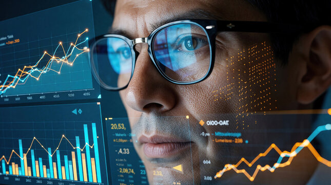 Logistics manager analyzes supply chain data on digital screen. Pro male worker studies complex graphs, charts for inventory status. Close up face shows focus on business metrics, performance