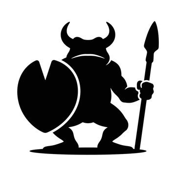 Halloween Black silhouette devil warrior holding shield and spear for fantasy greeting card or dark-themed vector