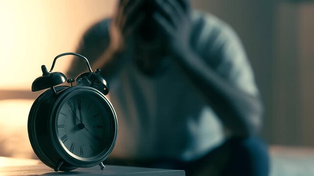 Vintage alarm clock on a bedside table while a tired man sits blurred in the background with his face buried in his hands, unable to sleep at night, insomnia and sleep disorder concept