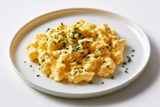 Gourmet Fluffy Egg Scramble with Fresh Chopped Chives on White Ceramic Plate Delicious Breakfast Food Concept