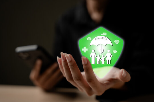 Health insurance concept showcasing protection, security, Comprehensive Family Insurance Protection and Financial Assurance Concept Showcasing Security, Health, and Future Savings with a Shield Motif