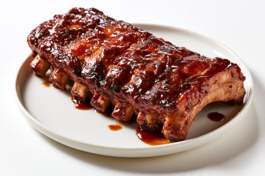 Gourmet Grilled Pork Ribs Glazed in Sticky Barbecue Sauce on White Ceramic Plate Restaurant BBQ Food Concept