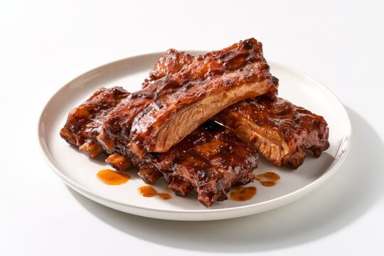 Gourmet Grilled Pork Ribs Glazed in Sticky Barbecue Sauce on White Ceramic Plate Restaurant BBQ Food Concept