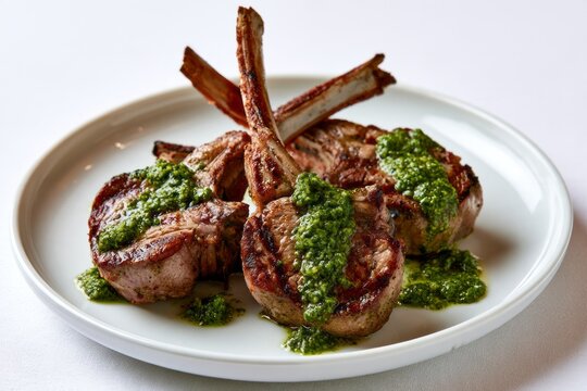 Gourmet Grilled Lamb Chops Topped with Fresh Green Chimichurri Sauce on White Ceramic Plate Restaurant Fine Dining Concept